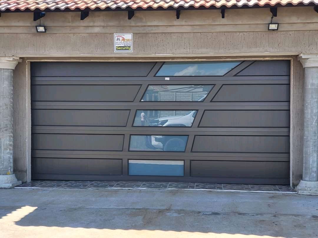 Modern garage door with glass panels